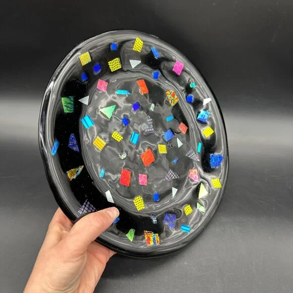 Fused Glass Plate Abstract Mosaic Black Rainbow Handmade Art Decor Dichroic Tray - Picture 4 of 7